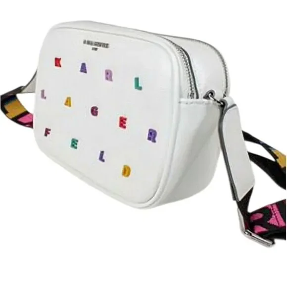 Karl Lagerfeld Colorful Lettered White Crossbody Bag w/ Signature Guitar Strap - Picture 4 of 12